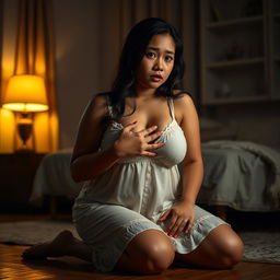 A beautiful 23-year-old Indonesian woman with a plump and sexy figure, highlighted by her voluptuous breasts, elegantly attired in a nightgown