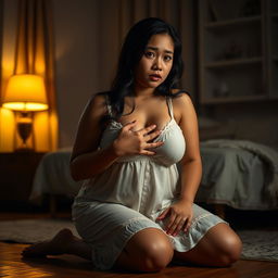 A beautiful 23-year-old Indonesian woman with a plump and sexy figure, highlighted by her voluptuous breasts, elegantly attired in a nightgown