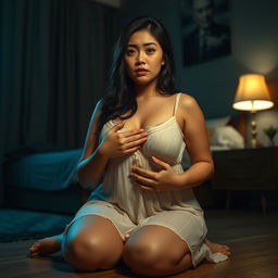 A beautiful 23-year-old Indonesian woman with a plump and alluring figure, accentuated by her voluptuous breasts, dressed in a nightgown