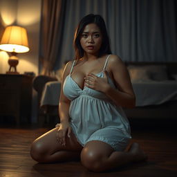 A beautiful 23-year-old Indonesian woman with a plump and alluring figure, accentuated by her voluptuous breasts, dressed in a nightgown