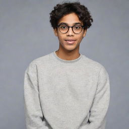 A teenager with a nerdy appearance of Indian ethnicity, wearing a loose, comfy sweatshirt. He has a look of intelligence and an awkward charm, his sleeves rolling over shyly drawn hands.