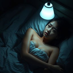 A beautiful 23-year-old Indonesian woman with a slim and alluring body, accentuated by her full breasts, clad in a nightgown