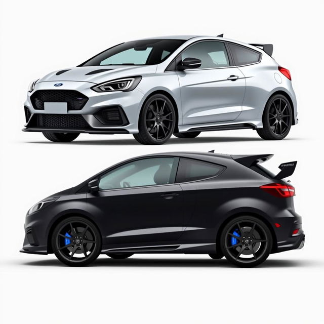 A composite image featuring angled side views from both the back and front of an AWD 4-door hatchback coupe incorporating Mazda RX8 rear doors and inspired by the 2024 Ford Focus design