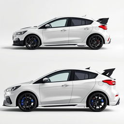 A composite image featuring angled side views from both the back and front of an AWD 4-door hatchback coupe incorporating Mazda RX8 rear doors and inspired by the 2024 Ford Focus design