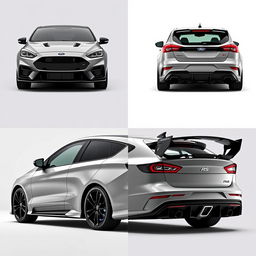 A composite image featuring angled side views from both the back and front of an AWD 4-door hatchback coupe incorporating Mazda RX8 rear doors and inspired by the 2024 Ford Focus design