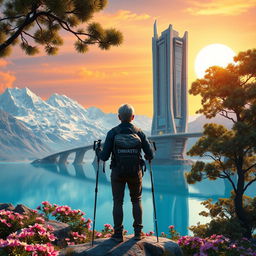 A super realistic scene depicting an architect with light-colored hair standing on a flower-covered rock, facing away with trekking poles in his hands