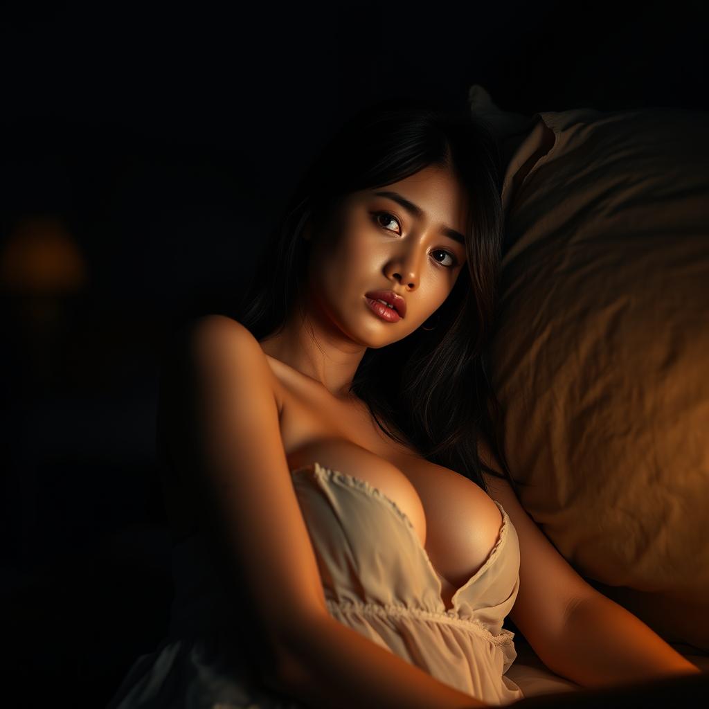 A beautiful 23-year-old Indonesian woman with a slim and sexy body, her voluptuous breasts accentuated by her nightgown