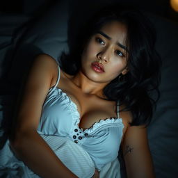 A beautiful 23-year-old Indonesian woman with a slim and sexy body, her voluptuous breasts accentuated by her nightgown