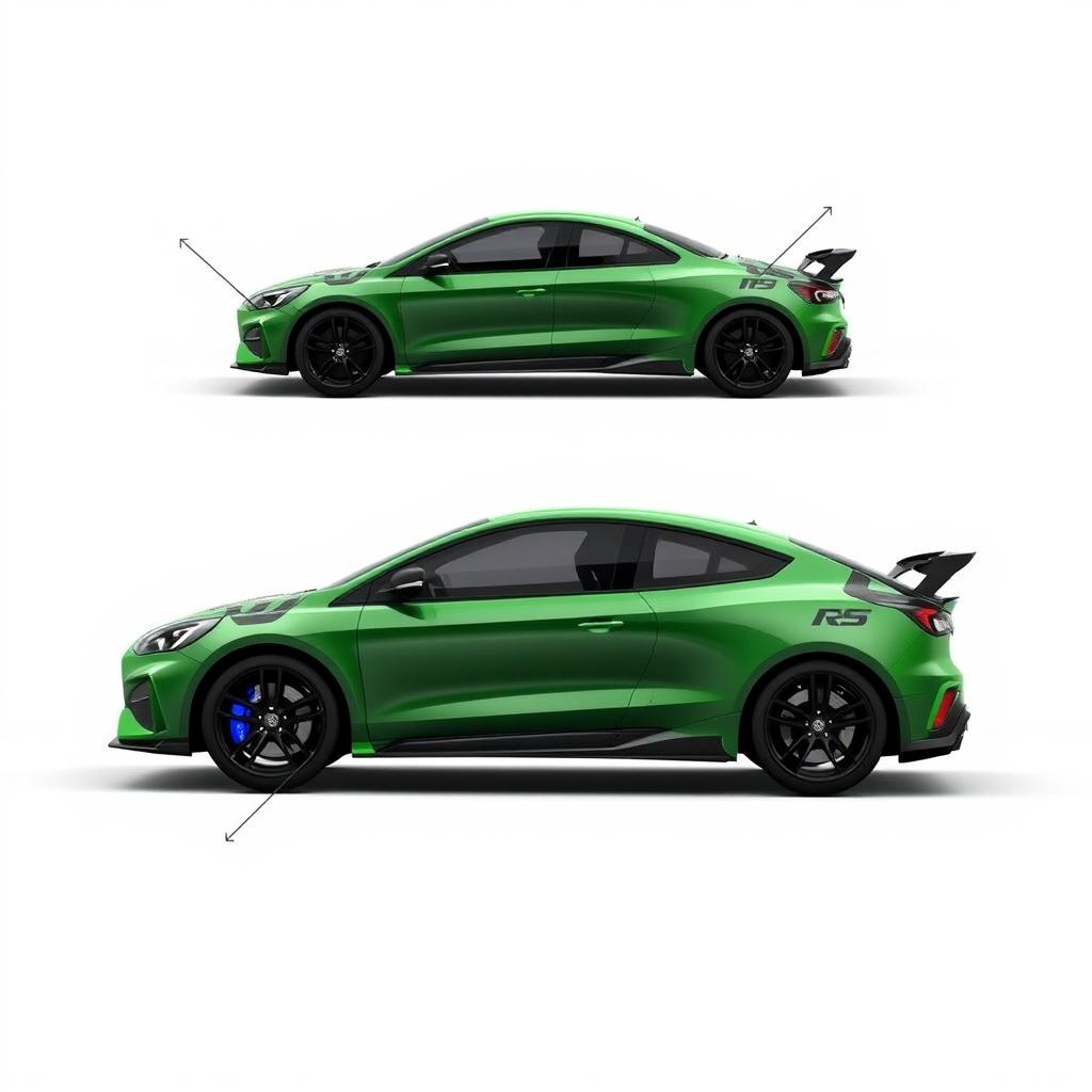 A composite image featuring angled side views from both the back and front of an AWD 4-door hatchback coupe, incorporating Mazda RX8 rear doors with a 2024 Ford Focus design aesthetic