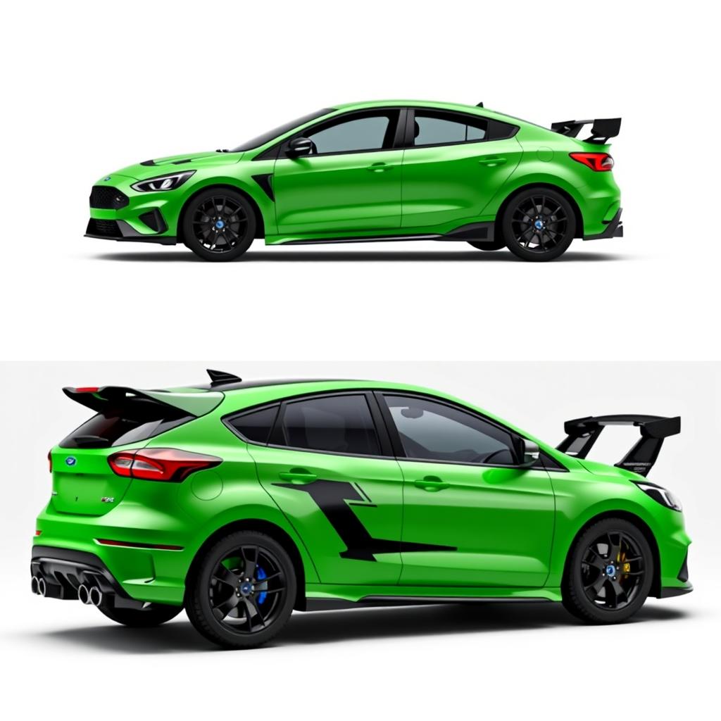 A composite image featuring angled side views from both the back and front of an AWD 4-door hatchback coupe, incorporating Mazda RX8 rear doors with a 2024 Ford Focus design aesthetic