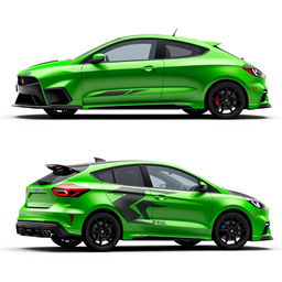 A composite image featuring angled side views from both the back and front of an AWD 4-door hatchback coupe, incorporating Mazda RX8 rear doors with a 2024 Ford Focus design aesthetic