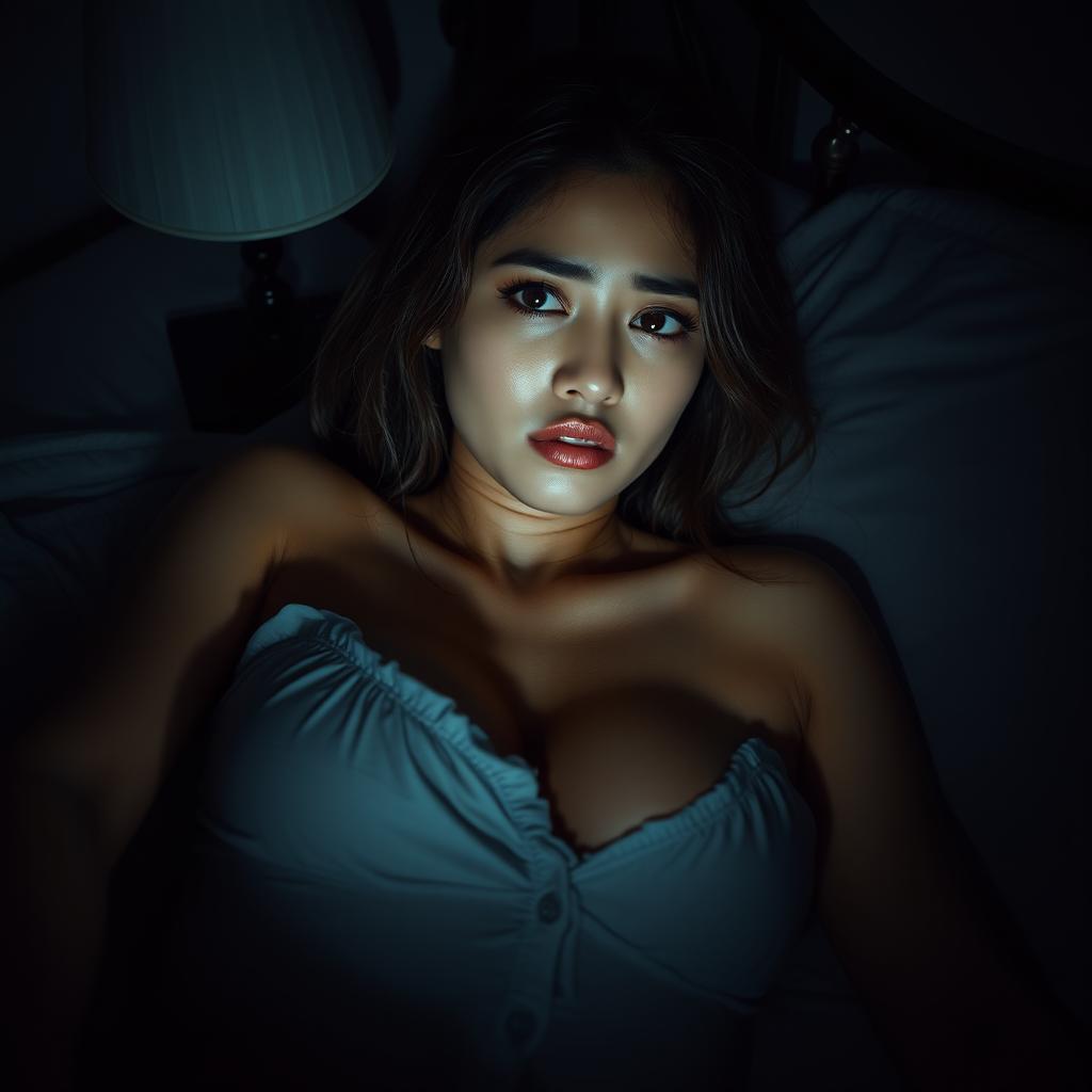 A beautiful 23-year-old Indonesian woman with a slim and sexy physique, accentuated by her full breasts, wearing a nightgown