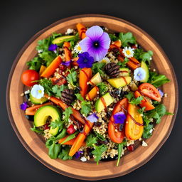 A modern and creative salad presentation, featuring an array of colorful vegetables like heirloom tomatoes, rainbow carrots, and arugula, topped with edible flowers and drizzled with a balsamic reduction