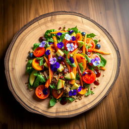 A modern and creative salad presentation, featuring an array of colorful vegetables like heirloom tomatoes, rainbow carrots, and arugula, topped with edible flowers and drizzled with a balsamic reduction