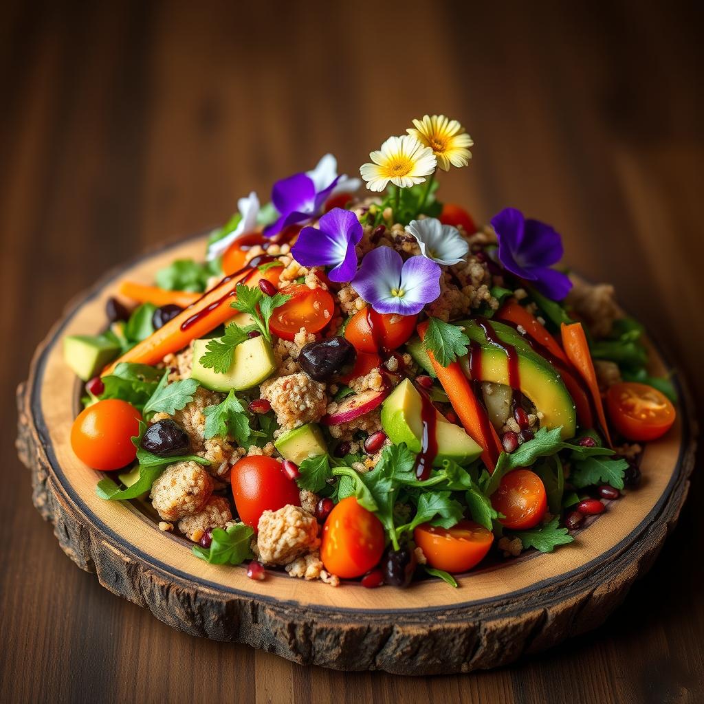 A modern and creative salad presentation, featuring an array of colorful vegetables like heirloom tomatoes, rainbow carrots, and arugula, topped with edible flowers and drizzled with a balsamic reduction