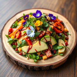 A modern and creative salad presentation, featuring an array of colorful vegetables like heirloom tomatoes, rainbow carrots, and arugula, topped with edible flowers and drizzled with a balsamic reduction