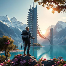 A super realistic image of an architect with light-colored hair standing on a flower-covered rock, facing away with trekking poles in hand