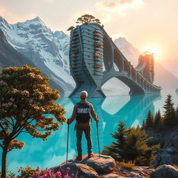 A super realistic image of an architect with light-colored hair standing on a flower-covered rock, facing away with trekking poles in hand