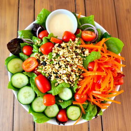 A colorful and vibrant salad arranged artistically with a variety of fresh, crisp vegetables including leafy greens, sliced cucumbers, cherry tomatoes, bell peppers, and shredded carrots