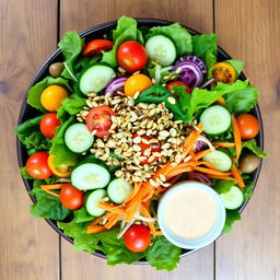 A colorful and vibrant salad arranged artistically with a variety of fresh, crisp vegetables including leafy greens, sliced cucumbers, cherry tomatoes, bell peppers, and shredded carrots