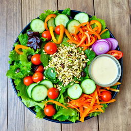 A colorful and vibrant salad arranged artistically with a variety of fresh, crisp vegetables including leafy greens, sliced cucumbers, cherry tomatoes, bell peppers, and shredded carrots