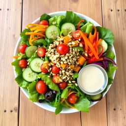 A colorful and vibrant salad arranged artistically with a variety of fresh, crisp vegetables including leafy greens, sliced cucumbers, cherry tomatoes, bell peppers, and shredded carrots