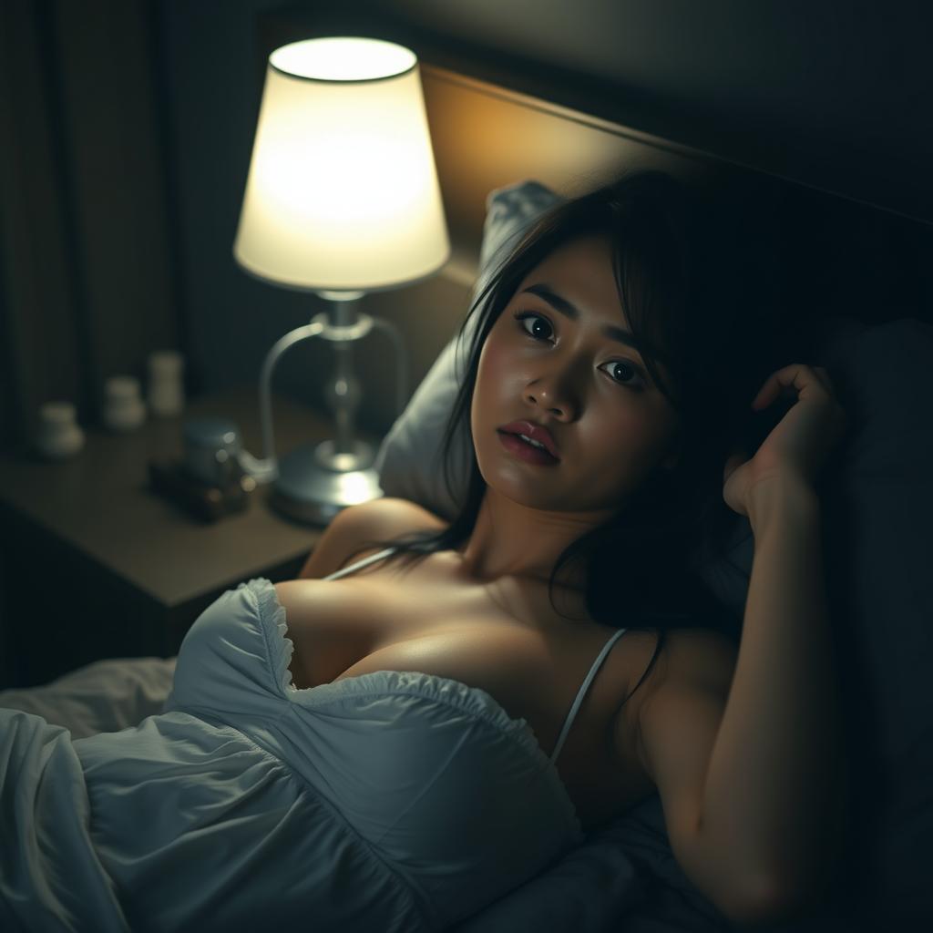 A beautiful 23-year-old Indonesian woman with a slim and alluring body, accentuated by her full breasts, clad in a nightgown