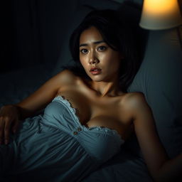 A beautiful 23-year-old Indonesian woman with a slim and alluring body, accentuated by her full breasts, clad in a nightgown