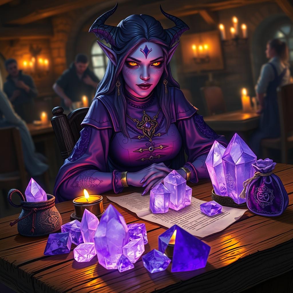 A purple-skinned female tiefling mage sits elegantly in a medieval tavern