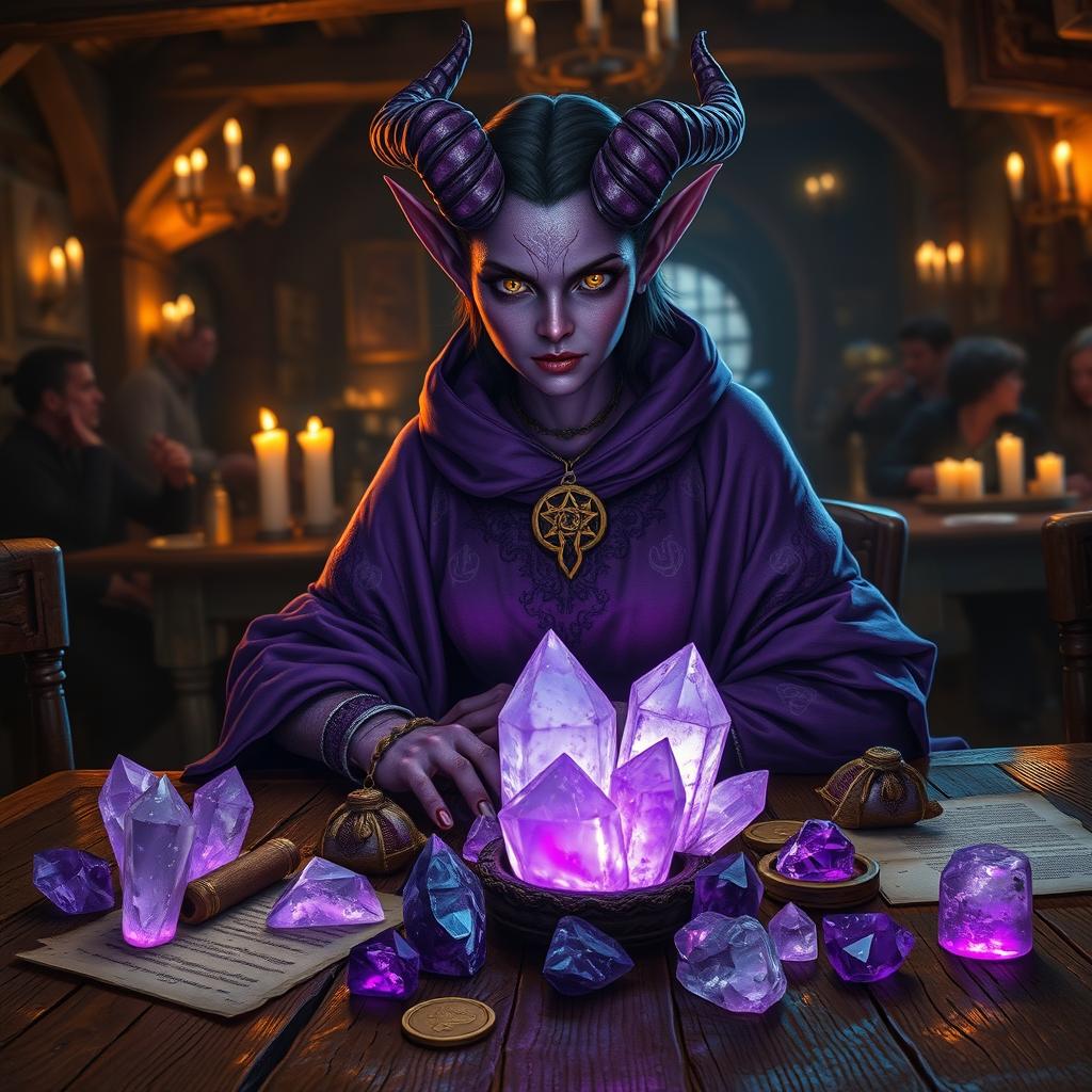 A purple-skinned female tiefling mage sits elegantly in a medieval tavern