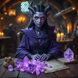 A purple-skinned female tiefling mage sits elegantly in a medieval tavern