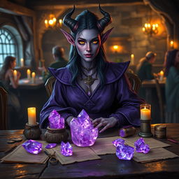 A purple-skinned female tiefling mage sits elegantly in a medieval tavern