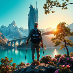 A super realistic image of an architect with light-colored hair standing on a flower-covered rock, facing away with trekking poles in hand