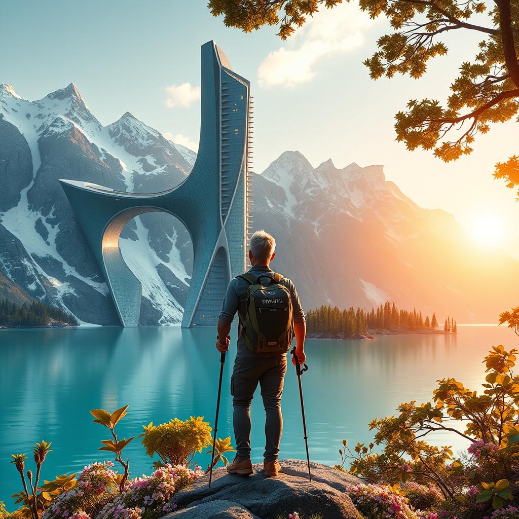 A super realistic image of an architect with light-colored hair standing on a flower-covered rock, facing away with trekking poles in hand