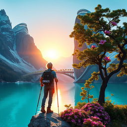 A super realistic image of an architect with light-colored hair standing on a flower-covered rock, facing away with trekking poles in hand