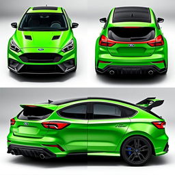 A composite image showcasing angled side views from both the back and front of a 2024 Ford Focus ST AWD 4-door hatchback coupe, designed with Mazda RX8 style rear doors without handles