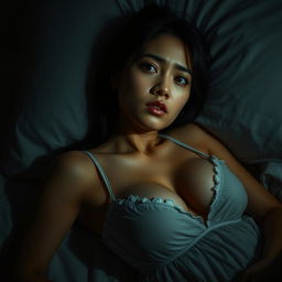 A beautiful 23-year-old Indonesian woman with a slim and sexy body, her voluptuous breasts accentuated by her nightgown