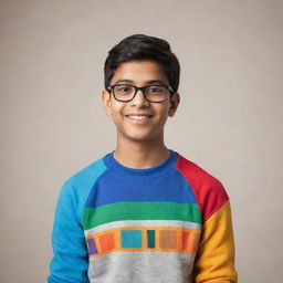 A nerdy teenage Indian boy, with a proud and intellectual demeanor, wearing a colorful and trendy sweatshirt.