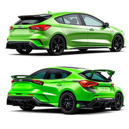 A composite image showcasing angled side views from both the back and front of a 2024 Ford Focus ST AWD 4-door hatchback coupe, designed with Mazda RX8 style rear doors without handles