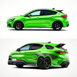 A composite image showcasing angled side views from both the back and front of a 2024 Ford Focus ST AWD 4-door hatchback coupe, designed with Mazda RX8 style rear doors without handles