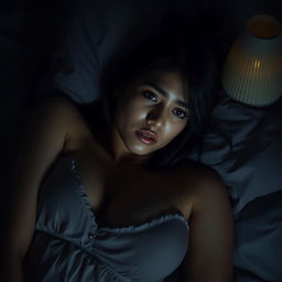 A beautiful 23-year-old Indonesian woman with a slim and sexy body, her voluptuous breasts accentuated by her nightgown