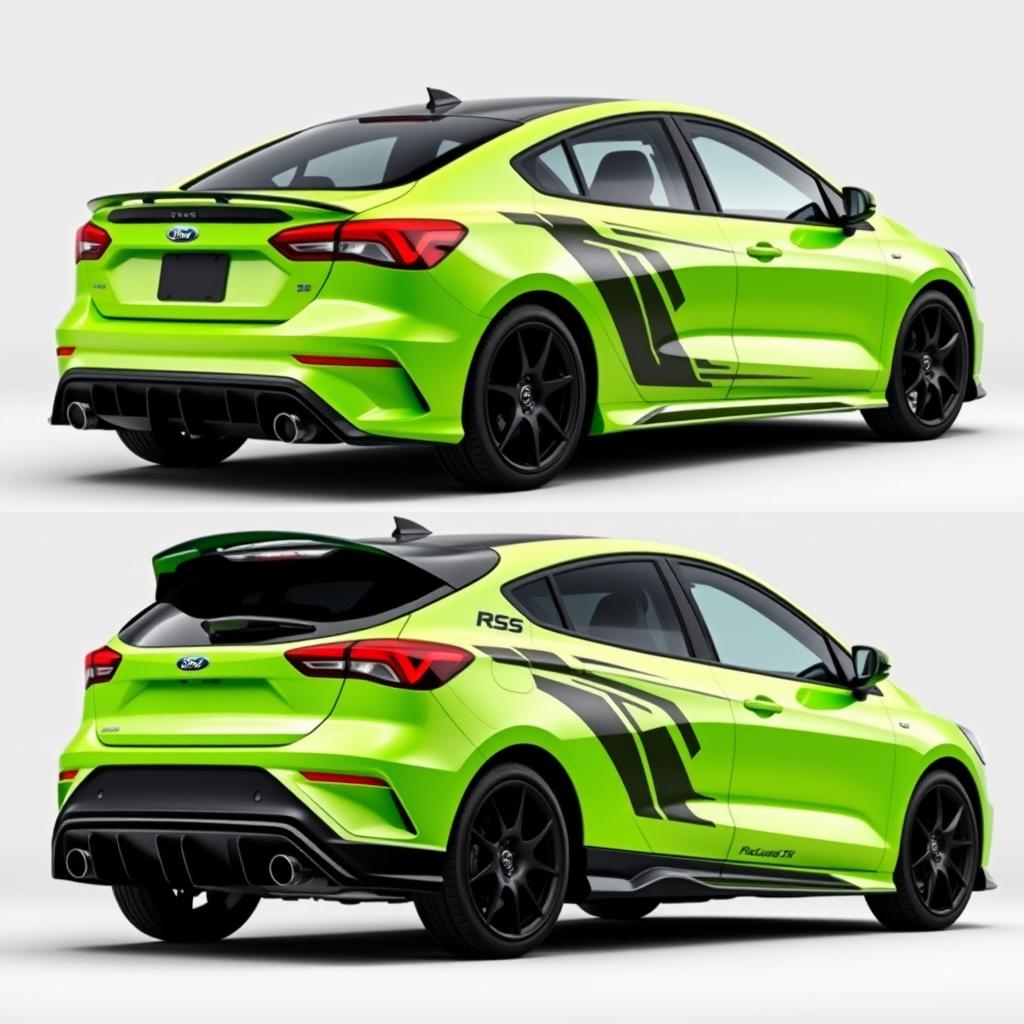 A composite image showcasing angled side views from both the back and front of a 2024 Ford Focus ST AWD 4-door hatchback coupe, designed with Mazda RX8 style rear doors without handles