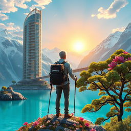 A super realistic scene illustrating an architect with light-colored hair standing on a flower-covered rock, facing away with trekking poles in hand