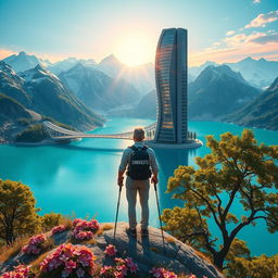 A super realistic scene illustrating an architect with light-colored hair standing on a flower-covered rock, facing away with trekking poles in hand