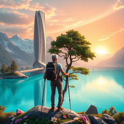 A super realistic scene illustrating an architect with light-colored hair standing on a flower-covered rock, facing away with trekking poles in hand