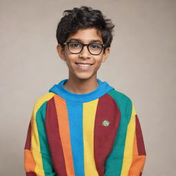 A nerdy teenage Indian boy, with a proud and intellectual demeanor, wearing a colorful and trendy sweatshirt.