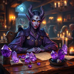 A purple-skinned female tiefling mage sits elegantly in a medieval tavern