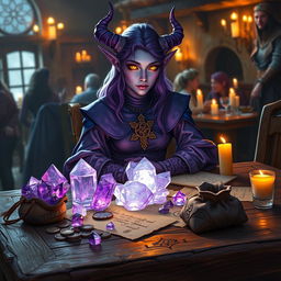 A purple-skinned female tiefling mage sits elegantly in a medieval tavern