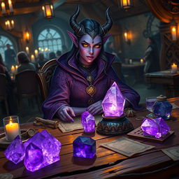 A purple-skinned female tiefling mage sits elegantly in a medieval tavern