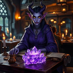 A purple-skinned female tiefling mage sits elegantly in a medieval tavern